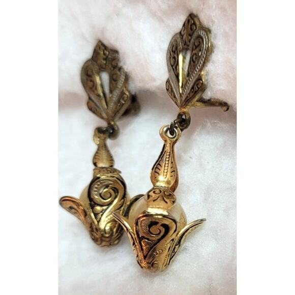 Toledoware Vintage Dangle Clip On Earrings Drop Pearl Goldtone Spain Flamenco - Picture 7 of 11